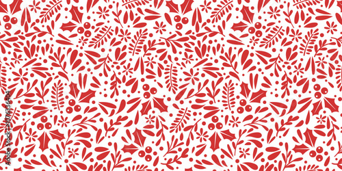 Winter botanical seamless repeat vector pattern, red and white Christmas print, winter holiday festive wallpaper design