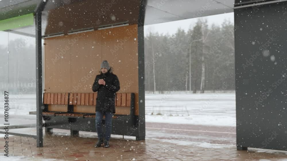 Blurred portrait of lonely Caucasian man at modern public transport stop during snowfall. Falling snowflakes against backdrop of urban infrastructure and person waiting for transport under roof. Blurred portrait of lonely Caucasian man at modern public transport stop during snowfall. Falling snowflakes against backdrop of urban infrastructure and person waiting for transport under roof.