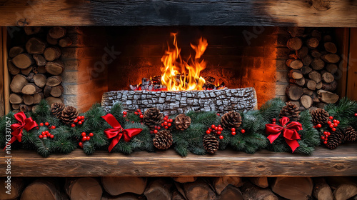 Festive Fireplace with Burning Yule Log and Holiday Decorations Creating Cozy Christmas Ambiance.Yule Log Tradition