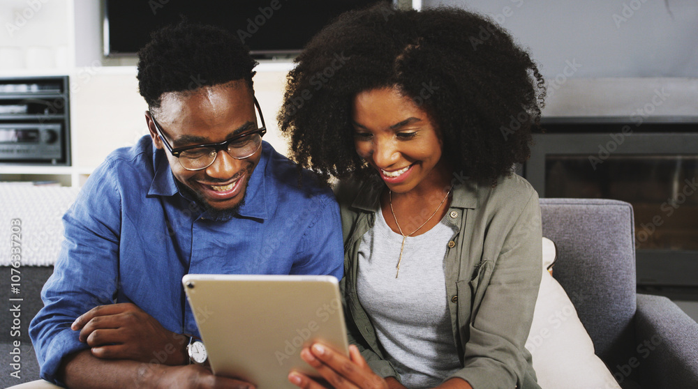 Home, couple and happy on tablet on sofa at living room on website for house insurance and security. Apartment, African people and satisfied on internet for offer, deal and options on life policy Home, couple and happy on tablet on sofa at living room on website for house insurance and security. Apartment, African people and satisfied on internet for offer, deal and options on life policy