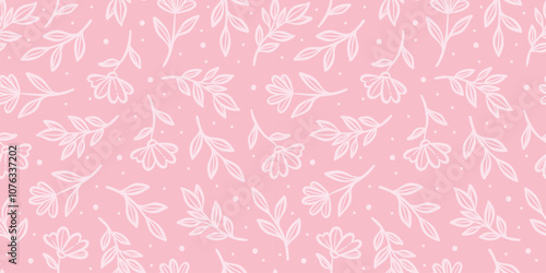 Pink floral background, cute seamless repeating vector flower pattern, hand drawn doodle illustration spring wallpaper design