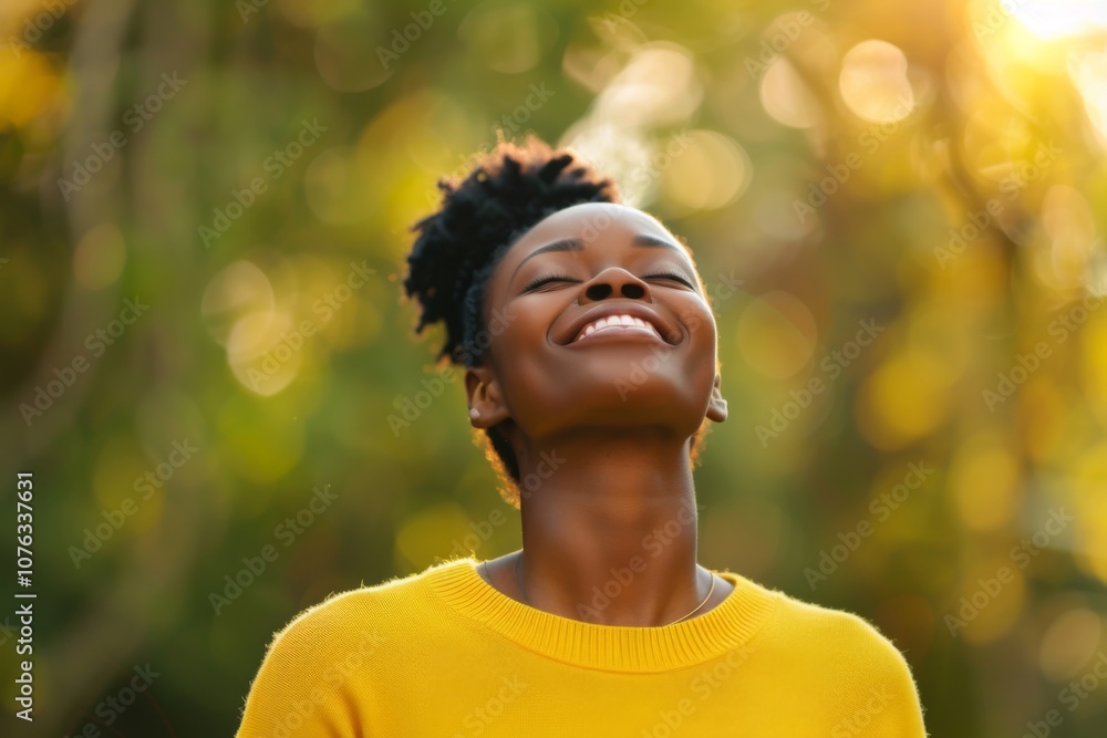 Standing in a lush park, a happy black woman breathes in the fresh air, radiating joy and peace as sunlight filters through the trees, enhancing her blissful moment. Standing in a lush park, a happy black woman breathes in the fresh air, radiating joy and peace as sunlight filters through the trees, enhancing her blissful moment.
