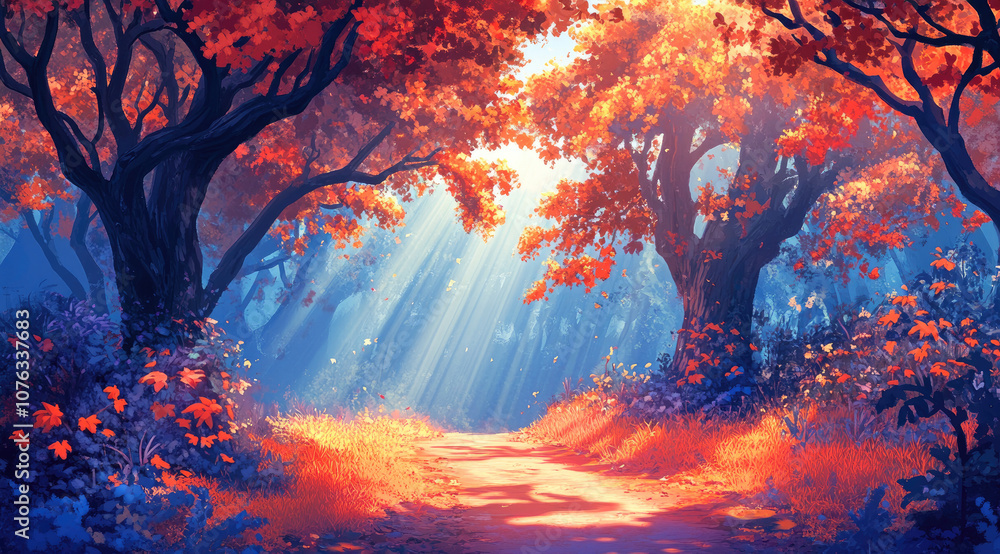 Digital Art of an Autumn Path with Vibrant Orange Trees Digital Art of an Autumn Path with Vibrant Orange Trees