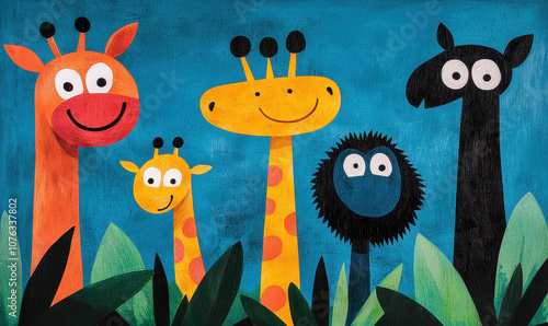 Whimsical Cartoon Jungle Animals Illustration with Vibrant Colors photo