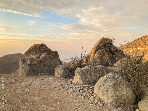 Obraz na płótnie Stones from the Deserted and Dry Hills in “Apu Siqay” in Villa Maria del Triunfo, Lima, at Sunset w salonie
