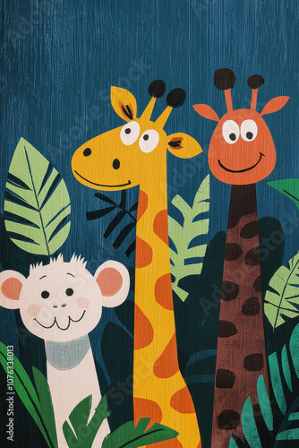 Playful Jungle Themed Cartoon Illustration of Giraffes and Monkey photo