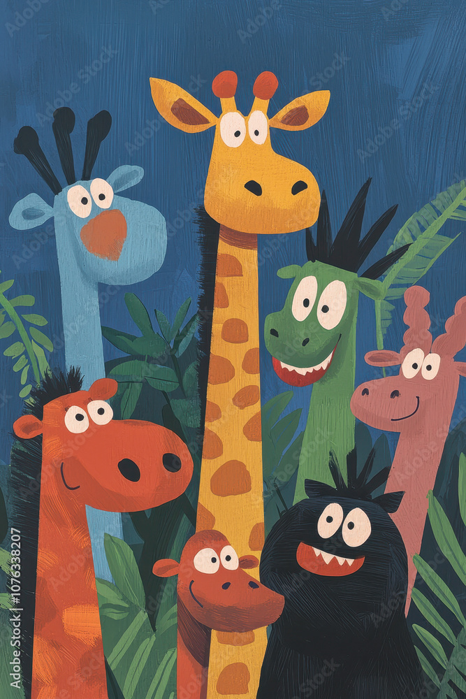 Naklejka premium Whimsical Jungle Animals Illustration: Playful Cartoon Characters in a Tropical Setting