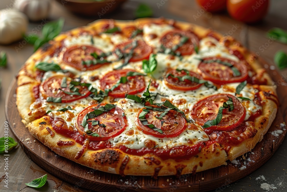 A Close-Up of a Freshly Baked Pizza with Tomato, Basil, and Mozzarella Cheese A Close-Up of a Freshly Baked Pizza with Tomato, Basil, and Mozzarella Cheese