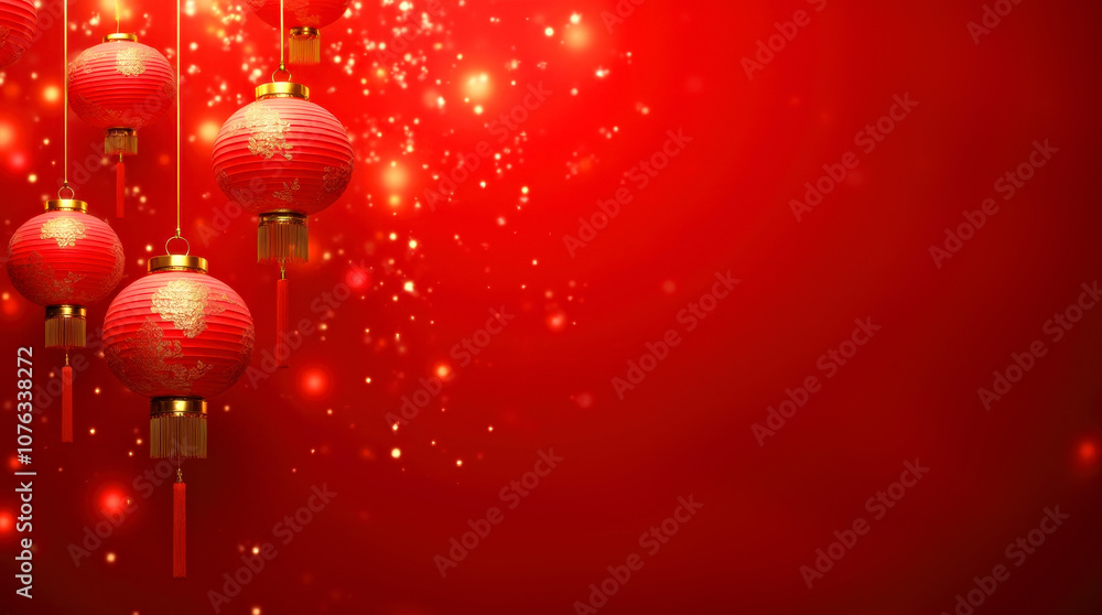 Festive Red Lanterns Against Sparkling Background for Chinese New Year Celebration. Chinese New Year, Lunar new year, Spring festival and Oriental traditions concept Festive Red Lanterns Against Sparkling Background for Chinese New Year Celebration. Chinese New Year, Lunar new year, Spring festival and Oriental traditions concept