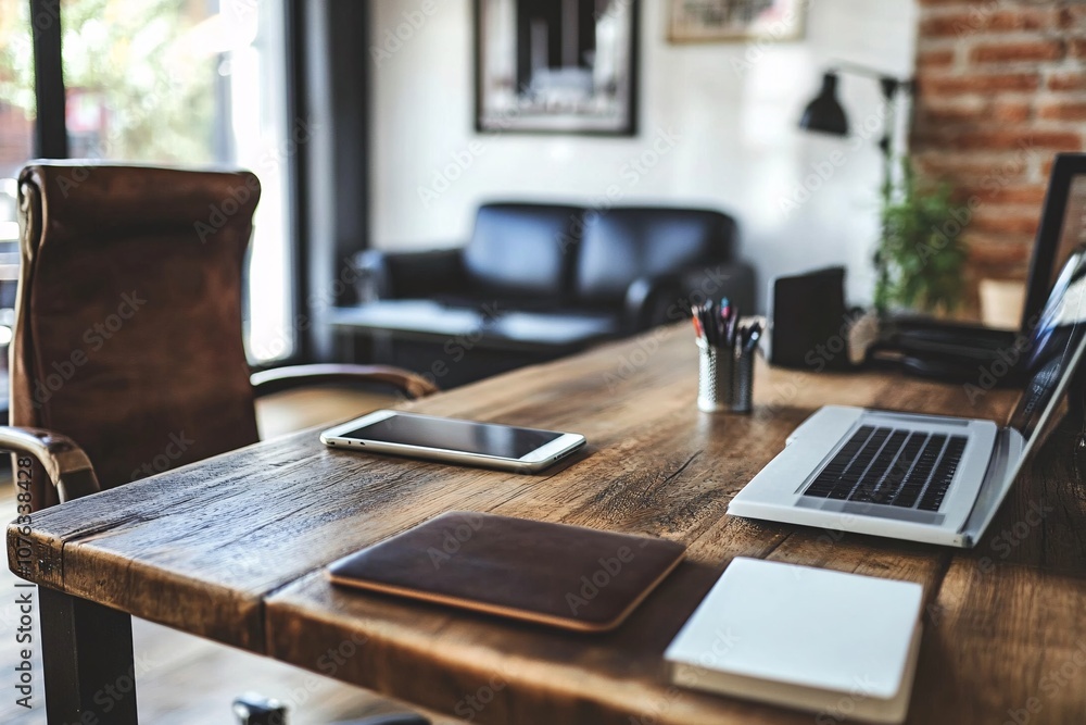 Modern Minimalist Workspace with Laptop, Tablet, and Notebook on Wooden Desk Modern Minimalist Workspace with Laptop, Tablet, and Notebook on Wooden Desk