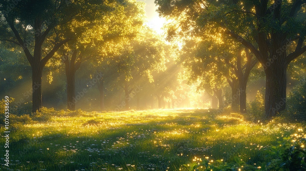 Serene forest path illuminated by sunlight through trees. Serene forest path illuminated by sunlight through trees.