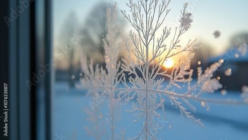 A close-up of frost crystals on a windowpane, showcasing intricate patterns glistening in the morning light. Soft focus background hints at a wintry landscape beyond photo