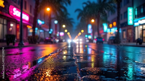 night view of the city, Empty background scene Dark street reflection on wet asphalt Rays of colorful neon light Abstract dark and colorful neon background