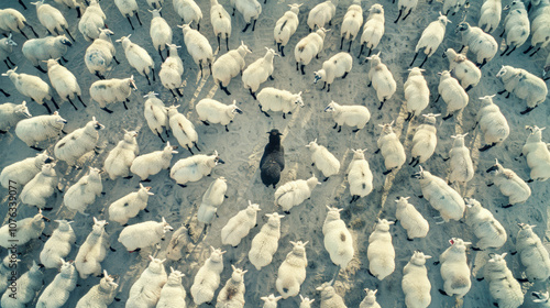 A surreal black sheep standing among an endless flock of white sheep with heads down and eyes closed, symbolizing individuality, purity, and contemplation amidst a vast crowd of identical beings.