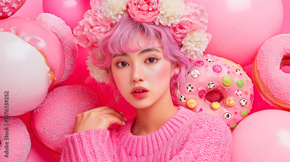 Vibrant Portrait of Woman in Pink with Donuts and Floral Headpiece Vibrant Portrait of Woman in Pink with Donuts and Floral Headpiece