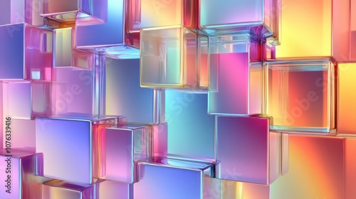 Bismuth Crystal Digital Background: Geometric Rainbow Structures with Metallic Iridescence, Ultra-Detailed Surface, Perfect for Tech Innovation Marketing in Photorealistic Style.