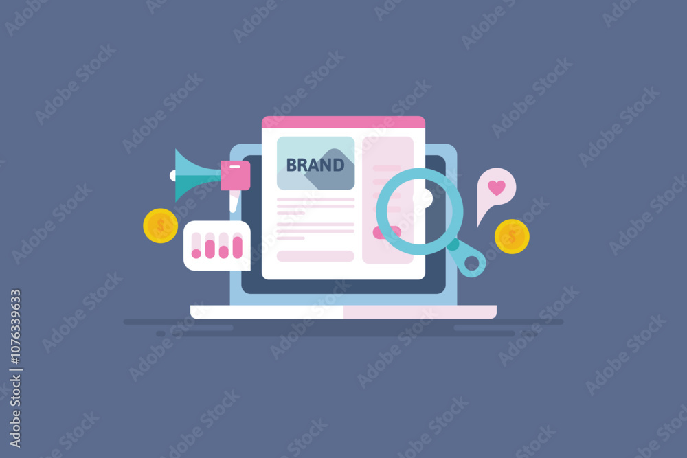 Obraz premium Brand marketing, online business promotion spending money on advertising budget, creating new audience vector illustration.