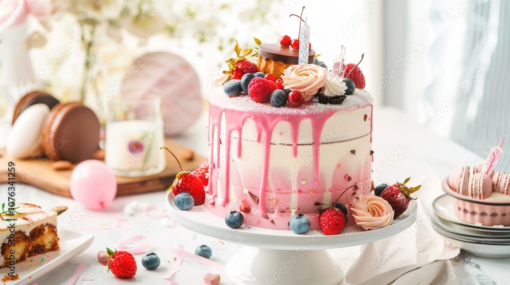 Photography of a close-up of a plate with a slice of birthday cake, adorned with sprinkles and a small birthday candle, set on a decorated table with other party treats for the birthday celebration Photography of a close-up of a plate with a slice of birthday cake, adorned with sprinkles and a small birthday candle, set on a decorated table with other party treats for the birthday celebration