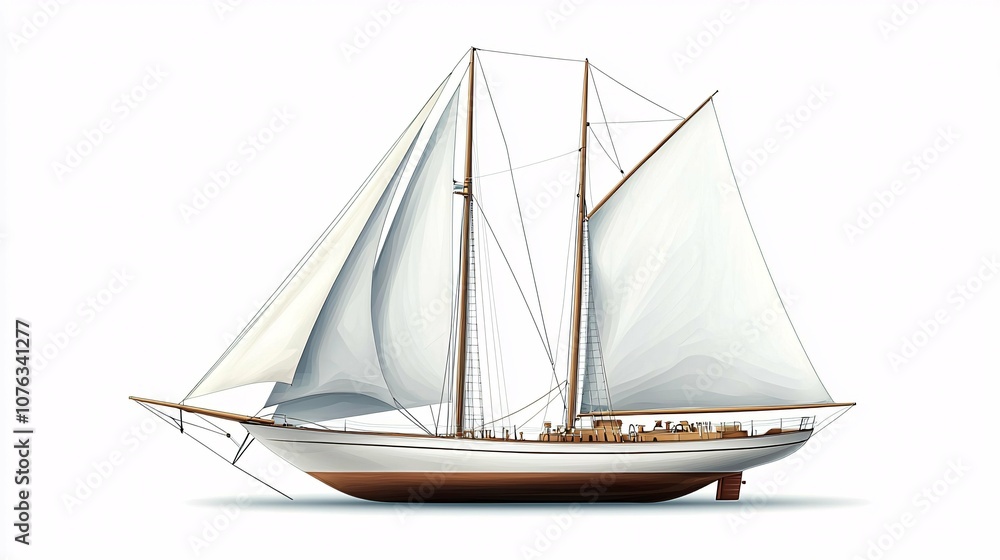 Isolated on a white background, this detailed illustration depicts a classic yawl with two masts and a unique hull design. Isolated on a white background, this detailed illustration depicts a classic yawl with two masts and a unique hull design.