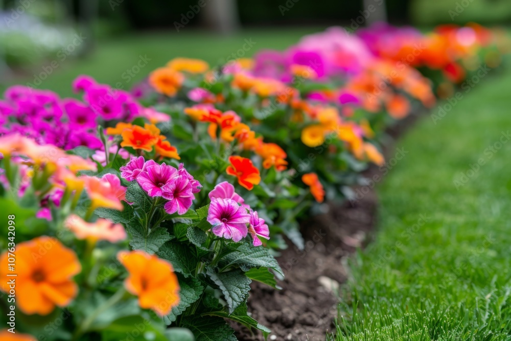 A stunning display of multicolored flowers brightens up the park, with lush greenery surrounding the vibrant hues of summer blossoms in full bloom, inviting visitors to enjoy the scenery. A stunning display of multicolored flowers brightens up the park, with lush greenery surrounding the vibrant hues of summer blossoms in full bloom, inviting visitors to enjoy the scenery.