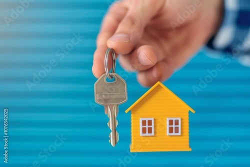 Excitement fills the air as a man grips a house key attached to a charming keychain, ready to embark on a new chapter in his apartment. photo