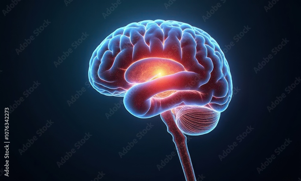 Brain with red spot on it. The brain is shown in 3D format. Red spot on the brain can mean stroke or seizure. Concept of urgency and importance Brain with red spot on it. The brain is shown in 3D format. Red spot on the brain can mean stroke or seizure. Concept of urgency and importance