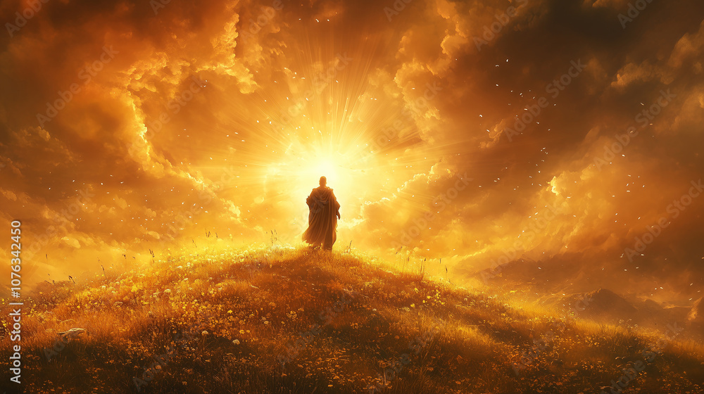 Fototapeta premium silhouette of a man standing on a hilltop, facing an intense, radiant burst of golden light in the sky, creating a dramatic and awe-inspiring scene.