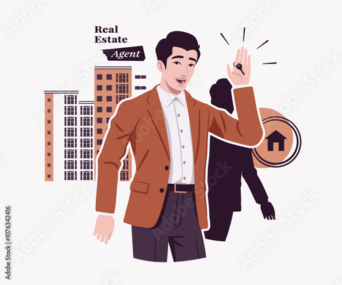 Happy man showing keys, purchasing new house, moving apartment, tenant renter relocation, real estate mortgage design for art magazine, blog, graphic advertisement, digital social media illustration