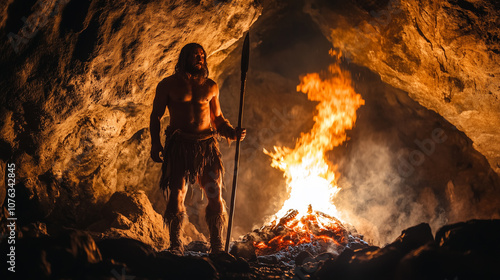 prehistoric caveman standing by a fire inside a cave, holding a spear, wearing fur clothing, and gazing into the flames with intensity.