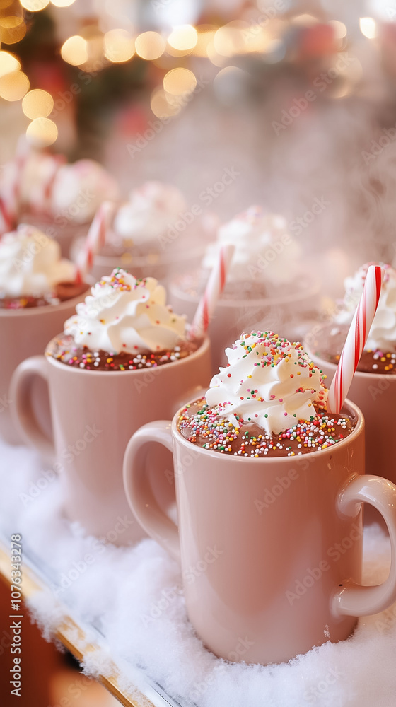 Delicious hot chocolate served in cozy mugs, adorned with whipped cream, sprinkles, and candy canes at a winter event Delicious hot chocolate served in cozy mugs, adorned with whipped cream, sprinkles, and candy canes at a winter event