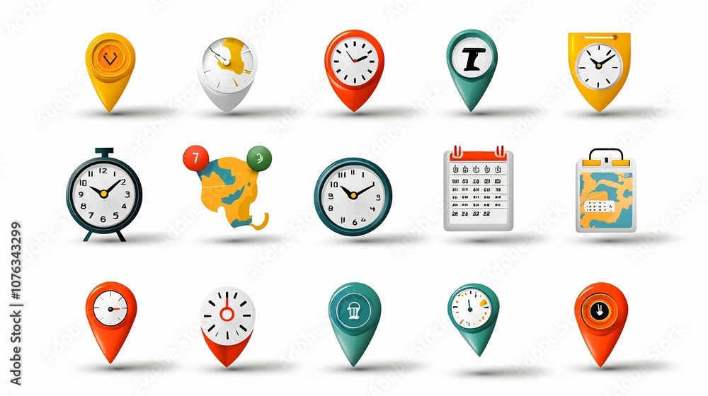Vibrant Illustrated Icon Set Depicting Combined Location and Time ...
