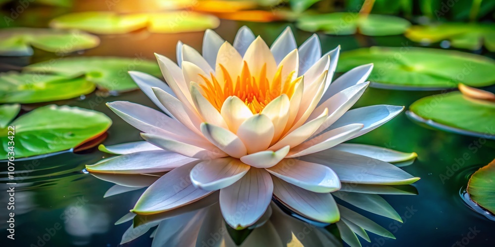 A Beautiful White Lotus Flower with Vibrant Orange Center Petals Showcasing Intricate Layers and Serene Beauty in a Tranquil Water Setting A Beautiful White Lotus Flower with Vibrant Orange Center Petals Showcasing Intricate Layers and Serene Beauty in a Tranquil Water Setting