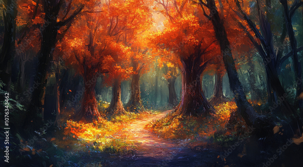 Lush Forest Path in Autumn with Orange Trees Ablaze Lush Forest Path in Autumn with Orange Trees Ablaze