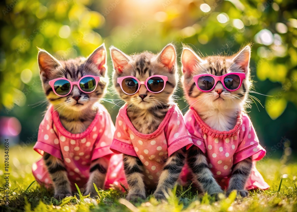 Fototapeta premium Adorable Trio of Kittens in Stylish Pink Outfits and Sunglasses Enjoying a Sunny Day - Cute Cat Fashion Photography