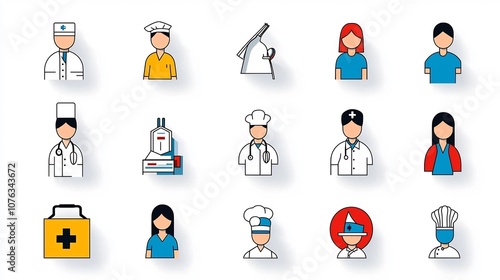 Collection of colorful style icons depicting people in different professions and occupations including doctor teacher firefighter and chef