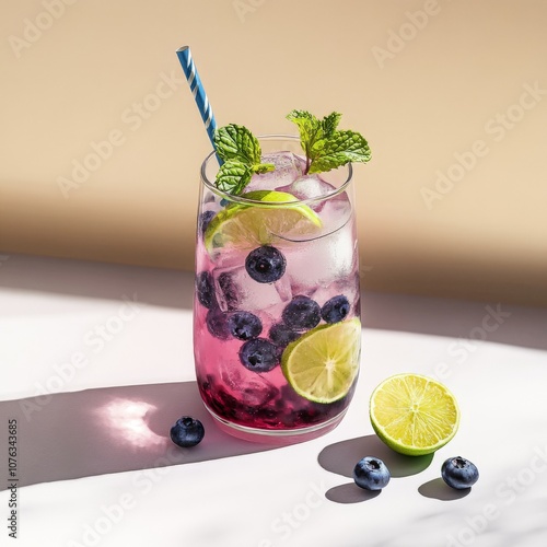 blueberry mojito lemonade with lime ice mint glass