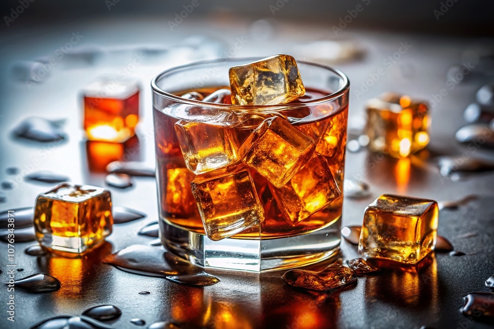 A Captivating Close-Up of a Glass Filled with Amber Liquid and Ice Cubes on a Pristine White Surface, Perfect for Capturing the Essence of Refreshing Beverages and Relaxation Moments A Captivating Close-Up of a Glass Filled with Amber Liquid and Ice Cubes on a Pristine White Surface, Perfect for Capturing the Essence of Refreshing Beverages and Relaxation Moments