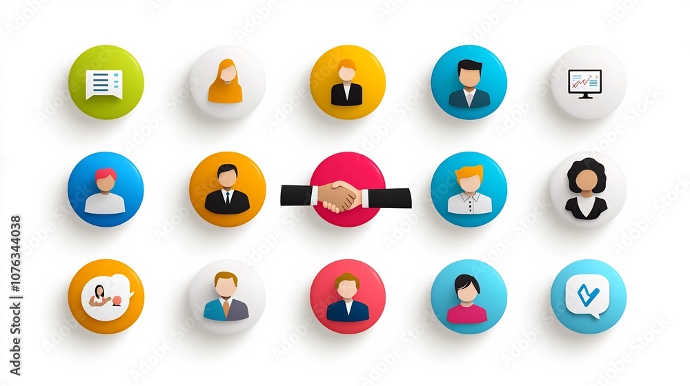 Vibrant and Colorful Illustrative Icons Depicting Various Aspects of Social Professional Partnerships in a Business or Corporate Environment Vibrant and Colorful Illustrative Icons Depicting Various Aspects of Social Professional Partnerships in a Business or Corporate Environment