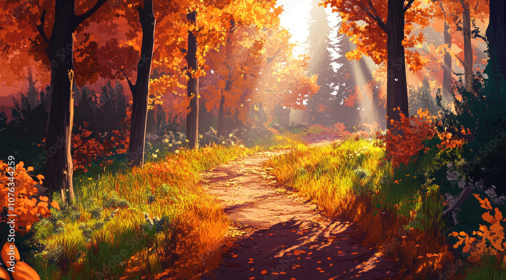 Sunlight Illuminating an Autumn Path Through Orange Trees Sunlight Illuminating an Autumn Path Through Orange Trees