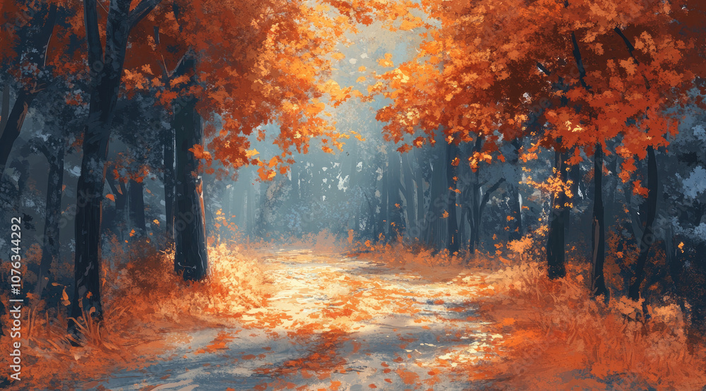 Fototapeta premium Dreamlike Path Through an Autumn Forest with Sunlight Glowing