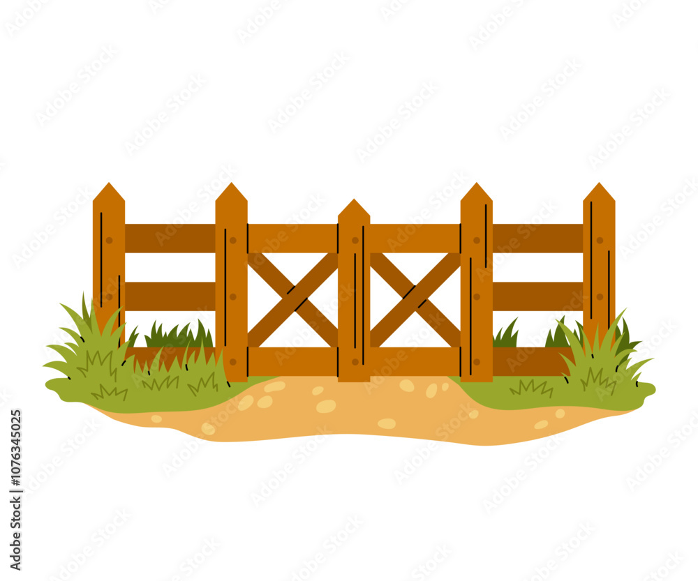 Fototapeta premium Wooden fence with gate. Entrance to ranch or farm with grass. Garden barrier and door with wooden parallel boards. Flat vector illustration.