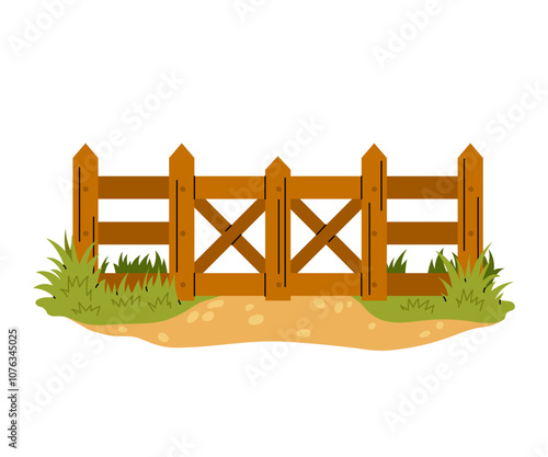 Wooden fence with gate. Entrance to ranch or farm with grass. Garden barrier and door with wooden parallel boards. Flat vector illustration.