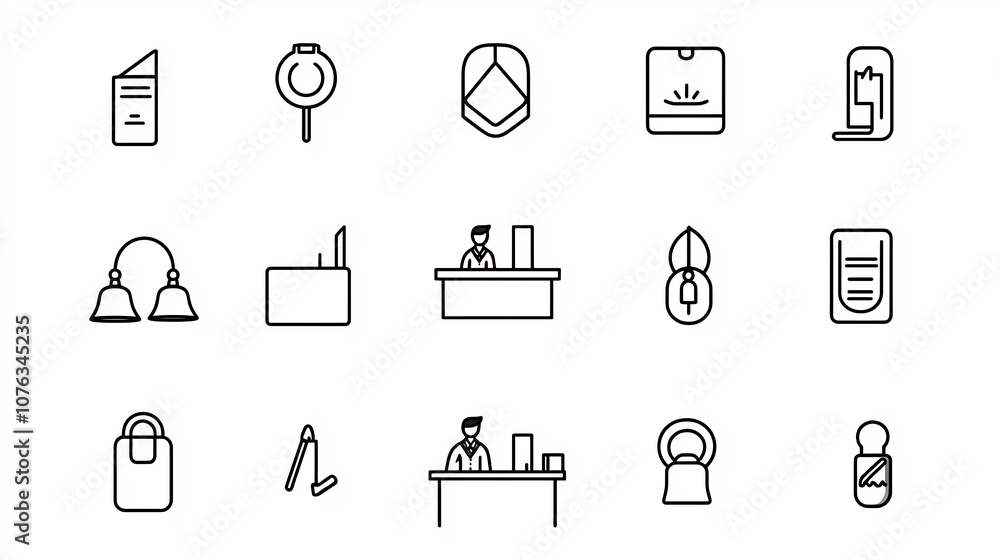 Set of minimalist line art icons representing essential elements of a hotel reception desk including a receptionist hotel bell and client assistance symbols conveying a modern professional Set of minimalist line art icons representing essential elements of a hotel reception desk including a receptionist hotel bell and client assistance symbols conveying a modern professional