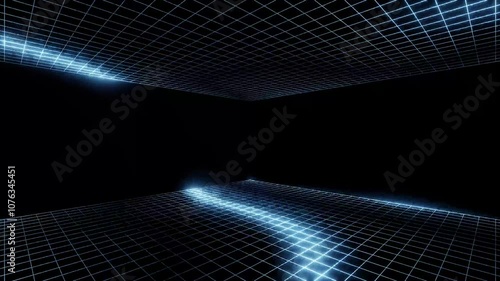 Abstract blue neon light grid forming a futuristic tunnel. The intersecting lines create a sense of motion and depth, evoking a cyberpunk or digital landscape.
