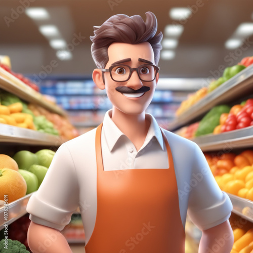 3d illustration of Grocer man isolated on market backgroundshopping consept photo