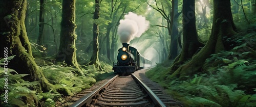 Fantasy train journey through a magical forest for a storybook photo