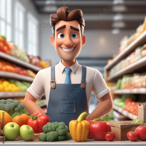 3d illustration of Grocer man isolated on market backgroundshopping consept photo