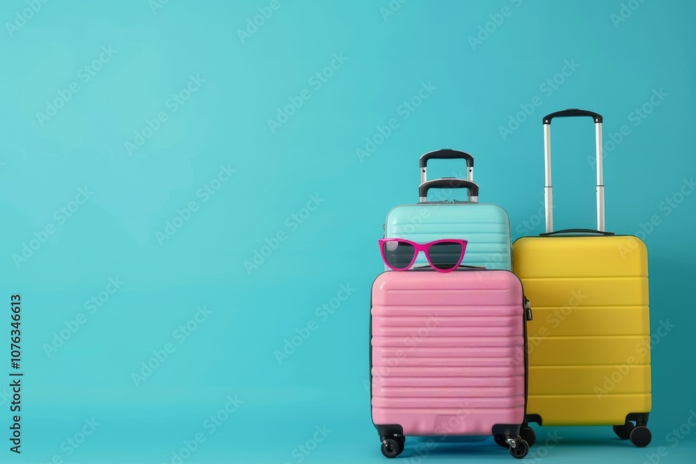 Colorful suitcases stand against a bright blue backdrop, complemented by beach accessories like sunglasses, inviting you to plan your perfect seaside escape. Colorful suitcases stand against a bright blue backdrop, complemented by beach accessories like sunglasses, inviting you to plan your perfect seaside escape.