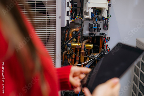 Engineer holding tablet PC and standing near air conditioner machine photo