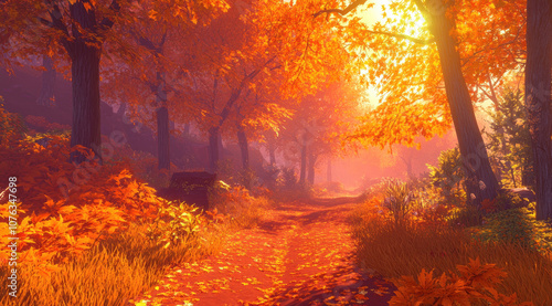 Sunlit Trail Winding Through a Fantasy Autumn Forest